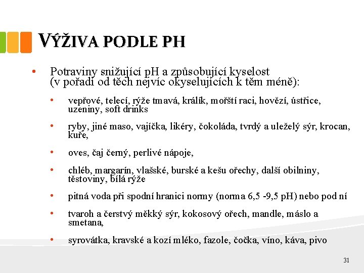 VÝŽIVA PODLE PH • Potraviny snižující p. H a způsobující kyselost (v pořadí od