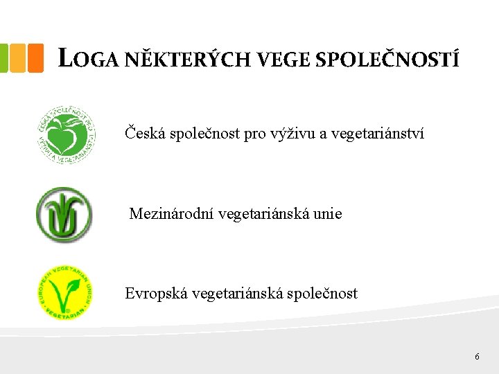 LOGA NĚKTERÝCH VEGE SPOLEČNOSTÍ Česká společnost pro výživu a vegetariánství Mezinárodní vegetariánská unie Evropská