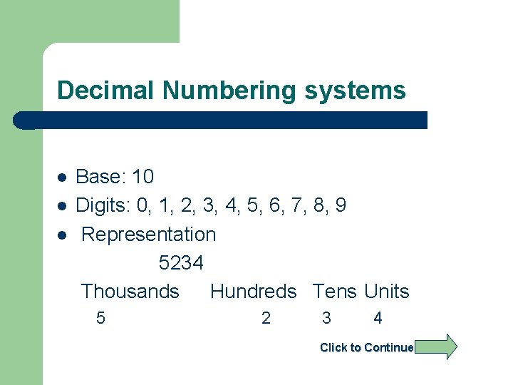 Decimal Numbering systems l l l Base: 10 Digits: 0, 1, 2, 3, 4,