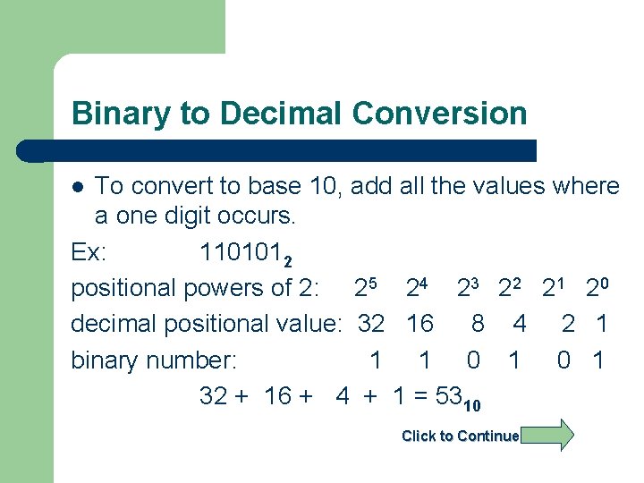 Binary to Decimal Conversion To convert to base 10, add all the values where