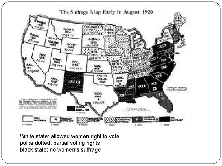 White state: allowed women right to vote polka dotted: partial voting rights black state: