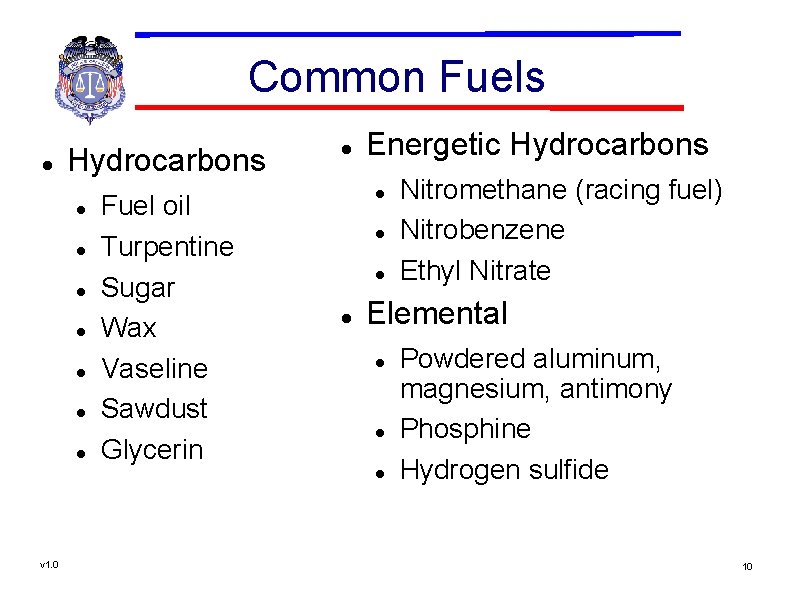 Common Fuels Hydrocarbons Fuel oil Turpentine Sugar Wax Vaseline Sawdust Glycerin Energetic Hydrocarbons Elemental