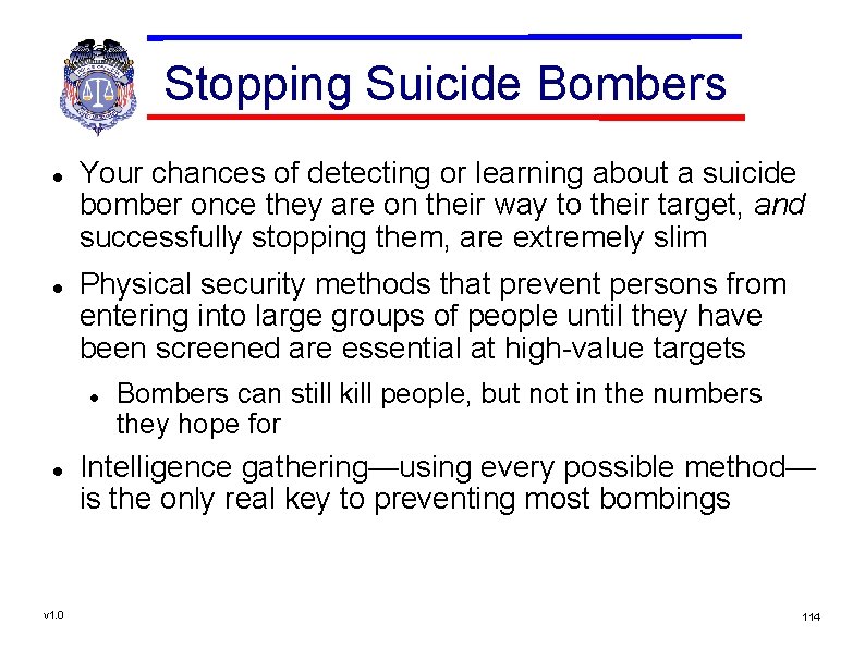 Stopping Suicide Bombers Your chances of detecting or learning about a suicide bomber once
