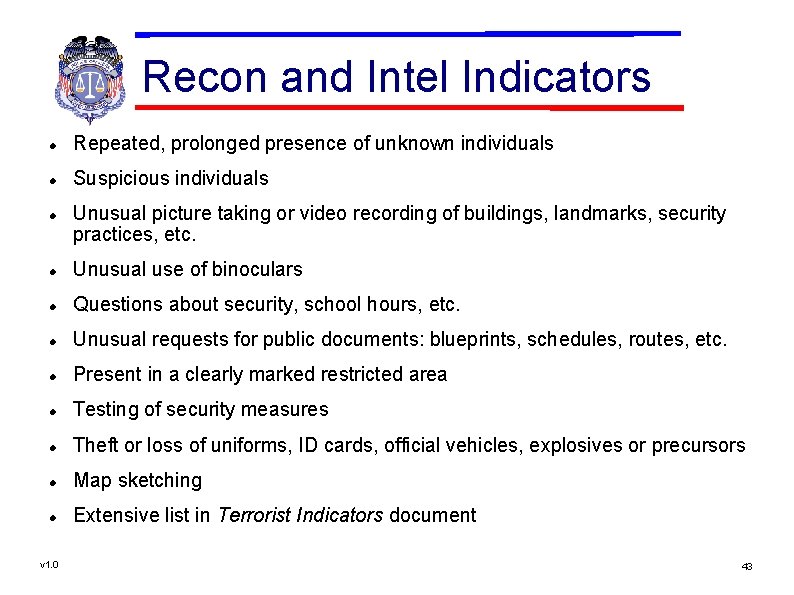 Recon and Intel Indicators Repeated, prolonged presence of unknown individuals Suspicious individuals Unusual picture