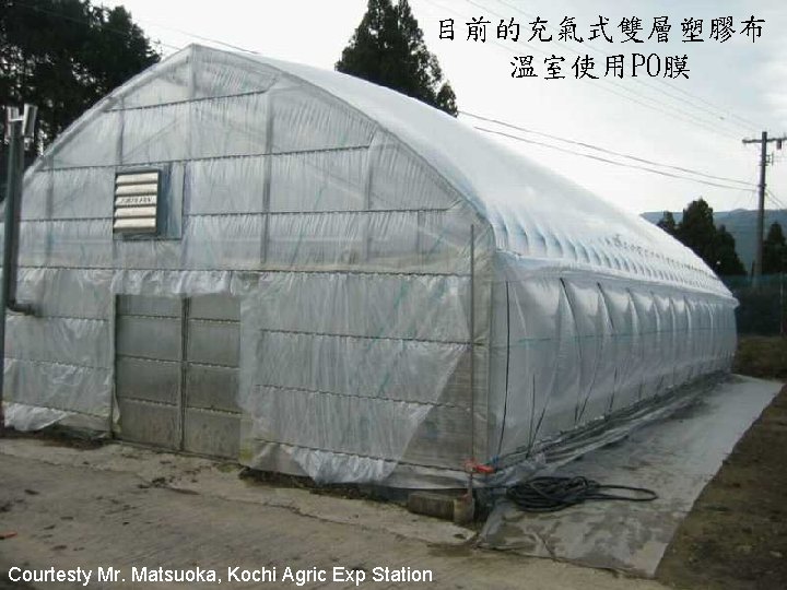 目前的充氣式雙層塑膠布 溫室使用PO膜 Courtesty Mr. Matsuoka, Kochi Agric Exp Station 
