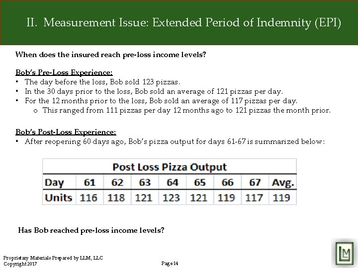 II. Measurement Issue: Extended Period of Indemnity (EPI) When does the insured reach pre-loss