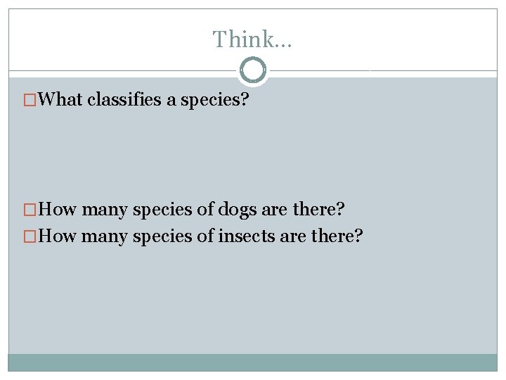 Think… �What classifies a species? �How many species of dogs are there? �How many