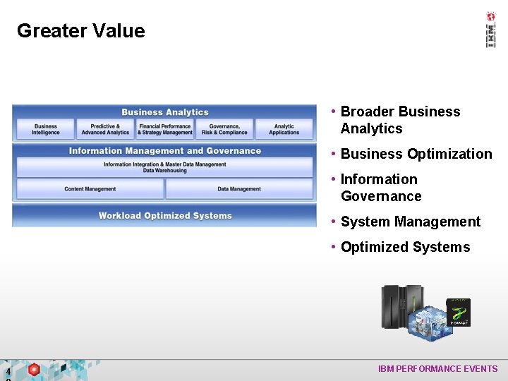 Greater Value • Broader Business Analytics • Business Optimization • Information Governance • System