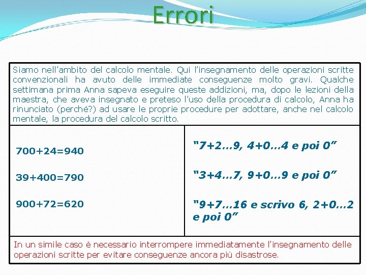 Errori Siamo nell’ambito del calcolo mentale. Qui l’insegnamento delle operazioni scritte convenzionali ha avuto