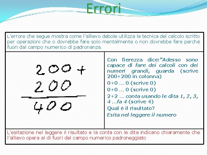 Errori L’errore che segue mostra come l’allievo debole utilizza la tecnica del calcolo scritto