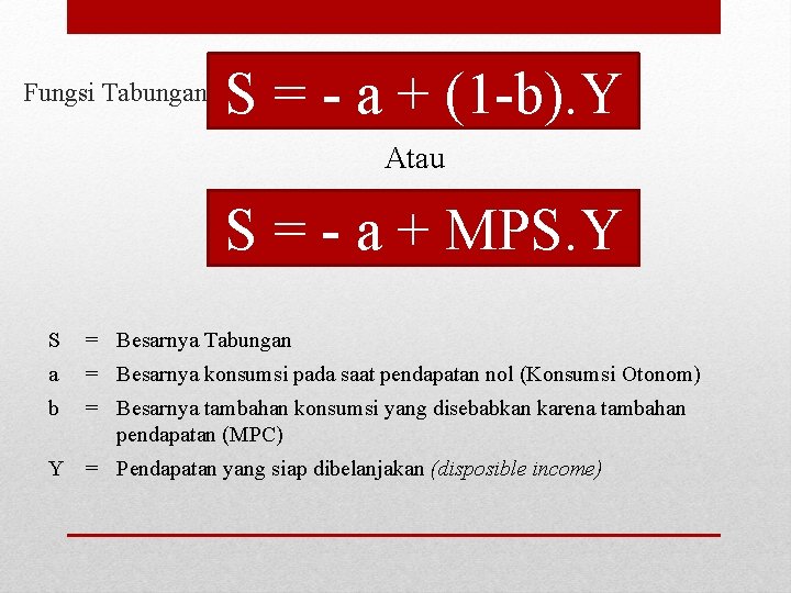 Fungsi Tabungan S = - a + (1 -b). Y Atau S = -