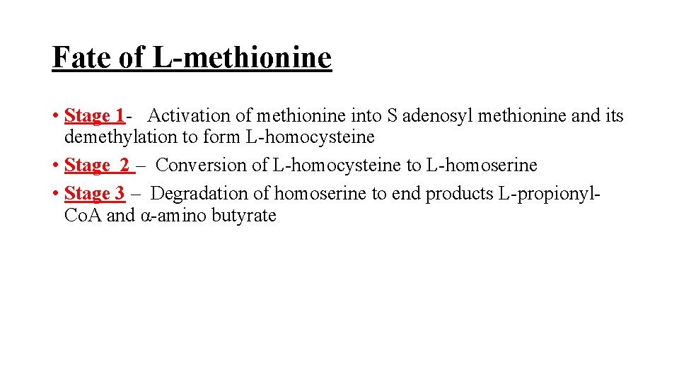 Fate of L-methionine • Stage 1 - Activation of methionine into S adenosyl methionine