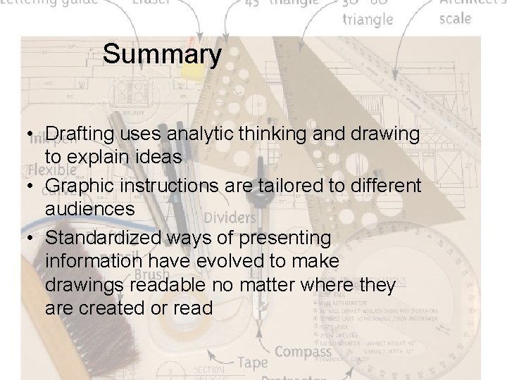 Summary • Drafting uses analytic thinking and drawing to explain ideas • Graphic instructions