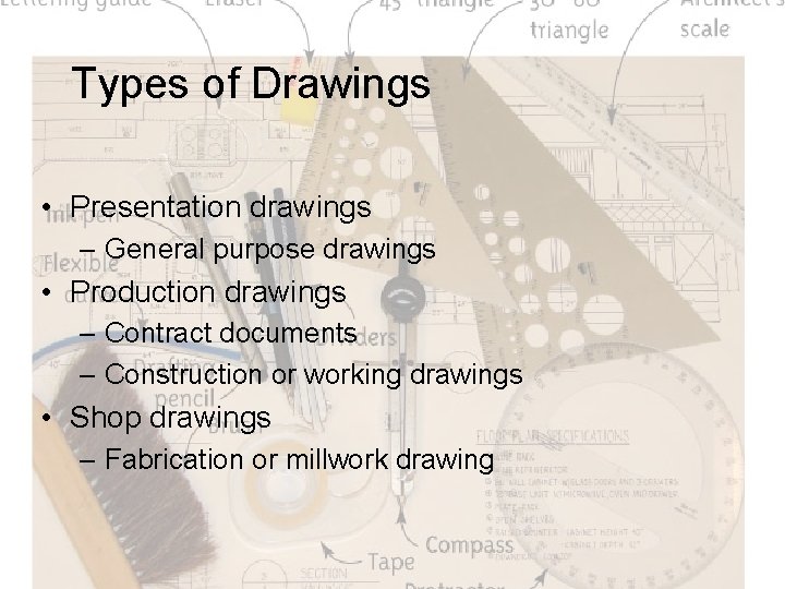 Types of Drawings • Presentation drawings – General purpose drawings • Production drawings –
