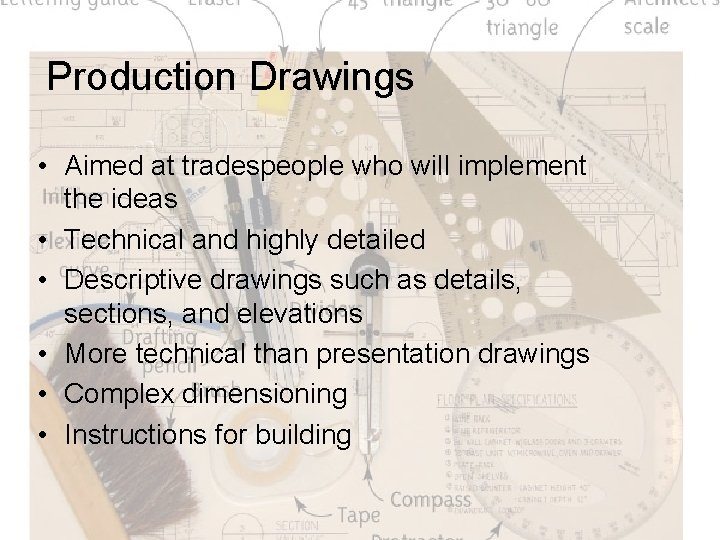 Production Drawings • Aimed at tradespeople who will implement the ideas • Technical and