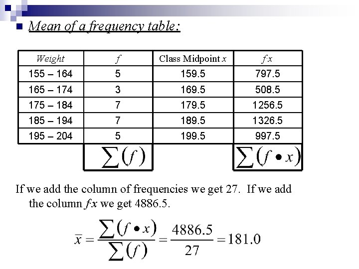 n Mean of a frequency table: Weight f Class Midpoint x f·x 155 – n Mean of a frequency table: Weight f Class Midpoint x f·x 155 –