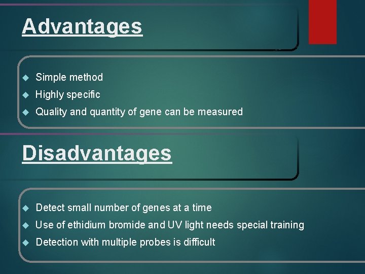 Advantages Simple method Highly specific Quality and quantity of gene can be measured Disadvantages