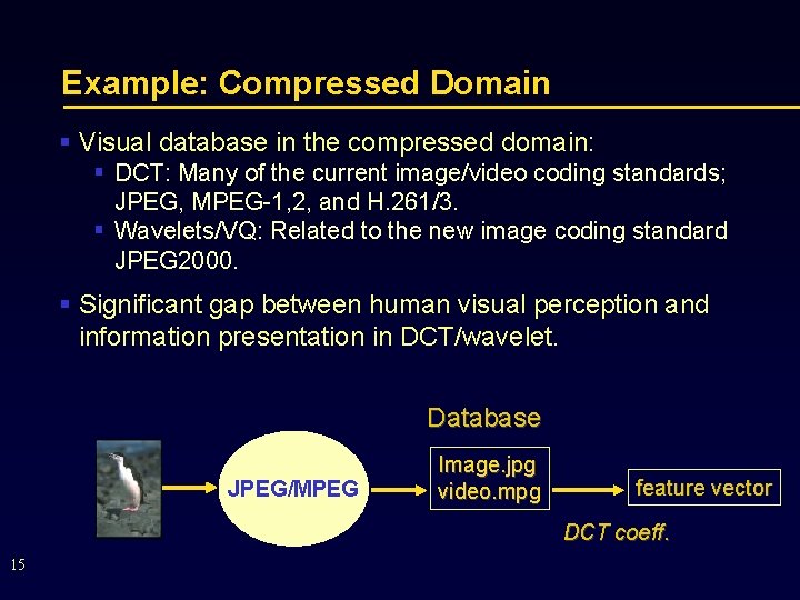 Example: Compressed Domain § Visual database in the compressed domain: § DCT: Many of