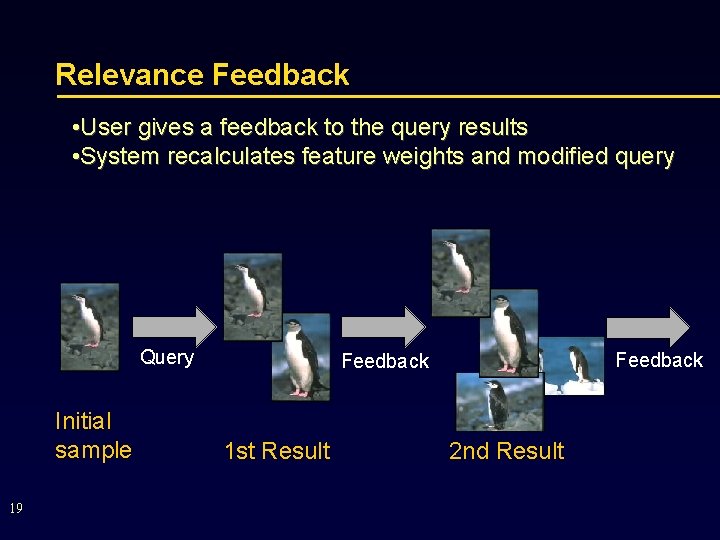 Relevance Feedback • User gives a feedback to the query results • System recalculates