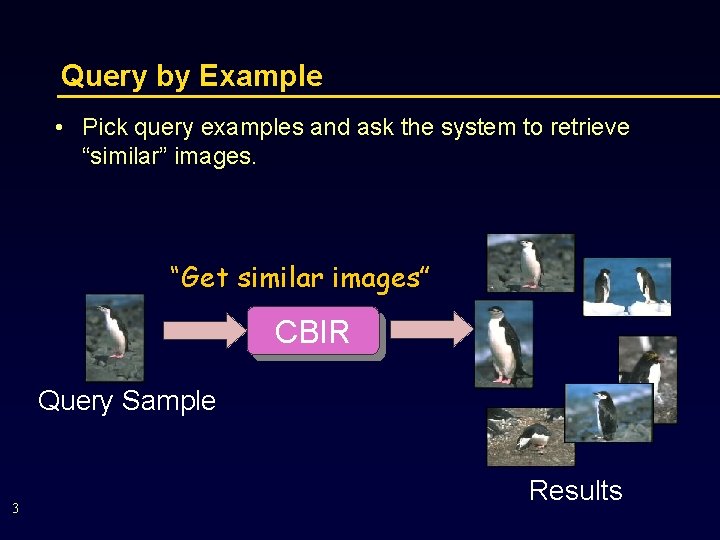Query by Example • Pick query examples and ask the system to retrieve “similar”
