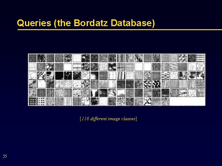 Queries (the Bordatz Database) [116 different image classes] 35 