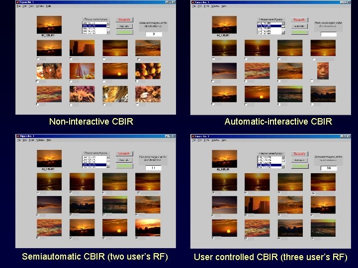 Non-interactive CBIR Semiautomatic CBIR (two user’s RF) Automatic-interactive CBIR User controlled CBIR (three user’s