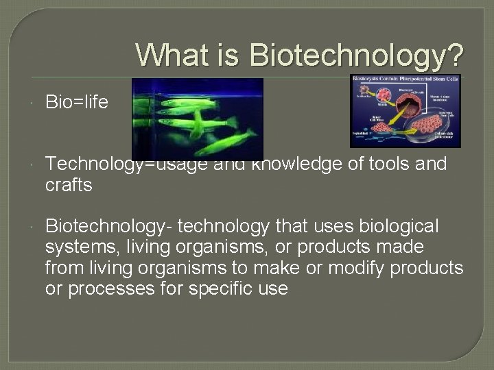 What is Biotechnology? Bio=life Technology=usage and knowledge of tools and crafts Biotechnology- technology that