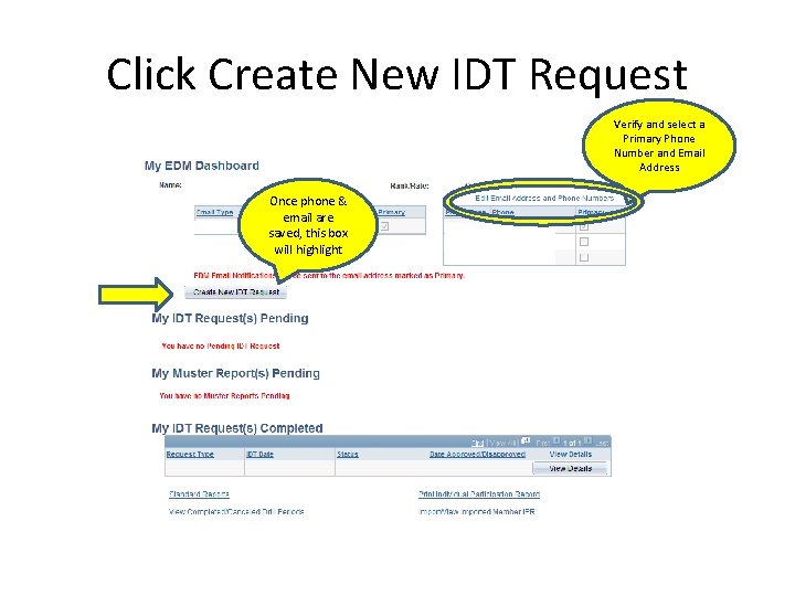 Click Create New IDT Request Verify and select a Primary Phone Number and Email