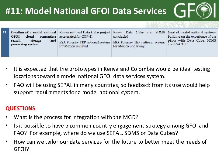 #11: Model National GFOI Data Services • It is expected that the prototypes in