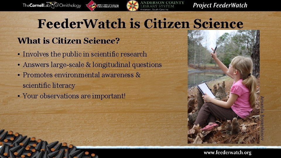 Feeder. Watch is Citizen Science What is Citizen Science? Amanda Boyarshinov • Involves the
