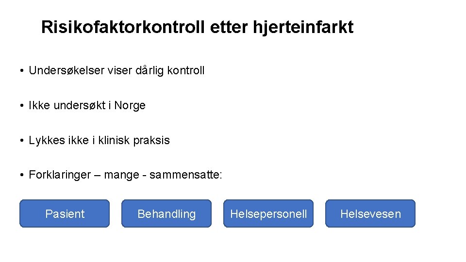 Risikofaktorkontroll etter hjerteinfarkt • Undersøkelser viser dårlig kontroll • Ikke undersøkt i Norge •