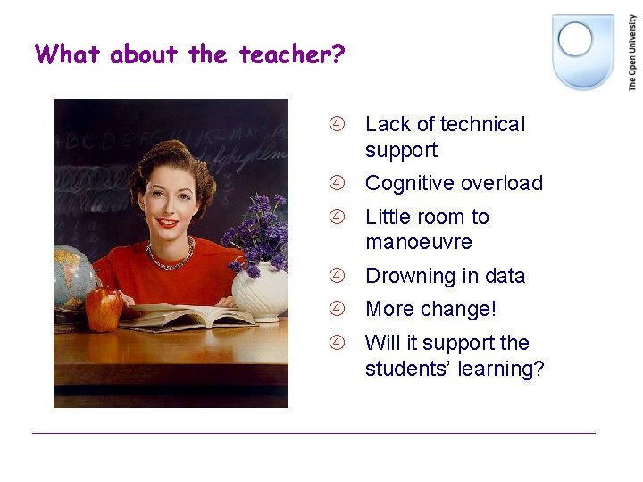 What about the teacher? Lack of technical support Cognitive overload Little room to manoeuvre What about the teacher? Lack of technical support Cognitive overload Little room to manoeuvre