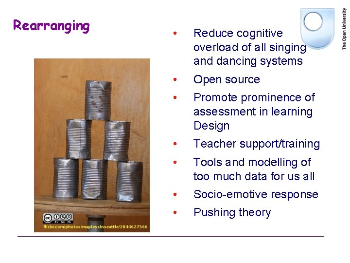 Rearranging • Reduce cognitive overload of all singing and dancing systems • Open source Rearranging • Reduce cognitive overload of all singing and dancing systems • Open source