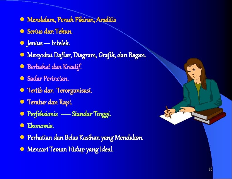 l l l Mendalam, Penuh Pikiran, Analitis Serius dan Tekun. Jenius --- Intelek. Menyukai