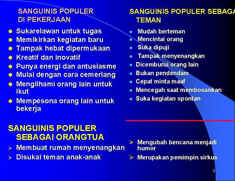 SANGUINIS POPULER DI PEKERJAAN l l l l Sukarelawan untuk tugas Memikirkan kegiatan baru