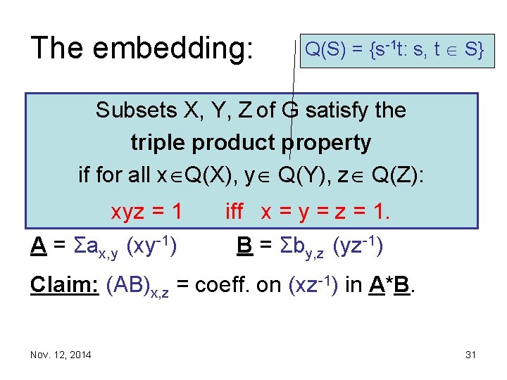 The embedding: Q(S) = {s 1 t: s, t S} Subsets X, Y, Z