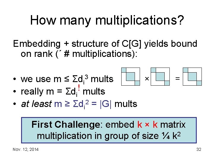 How many multiplications? Embedding + structure of C[G] yields bound on rank (´ #