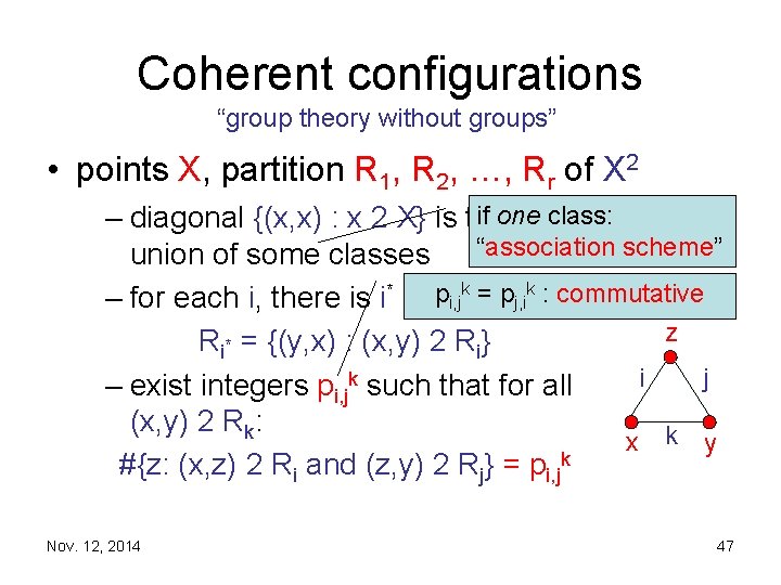Coherent configurations “group theory without groups” • points X, partition R 1, R 2,