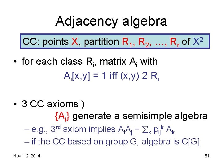 Adjacency algebra CC: points X, partition R 1, R 2, …, Rr of X