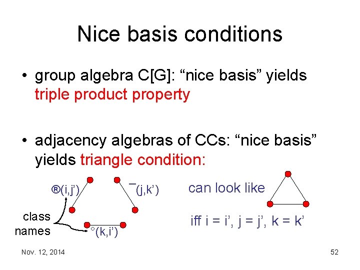 Nice basis conditions • group algebra C[G]: “nice basis” yields triple product property •