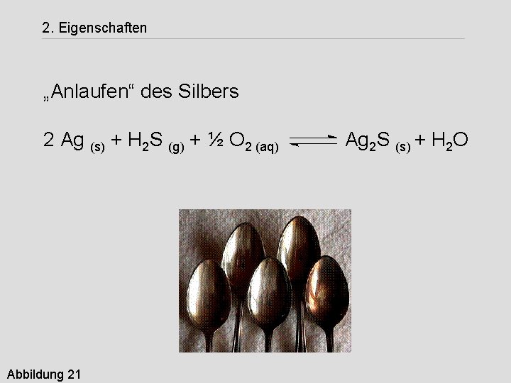 2. Eigenschaften „Anlaufen“ des Silbers 2 Ag (s) + H 2 S (g) +