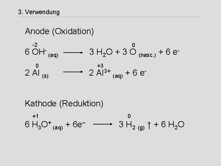 3. Verwendung Anode (Oxidation) -2 6 OH- (aq) 0 2 Al (s) 0 3