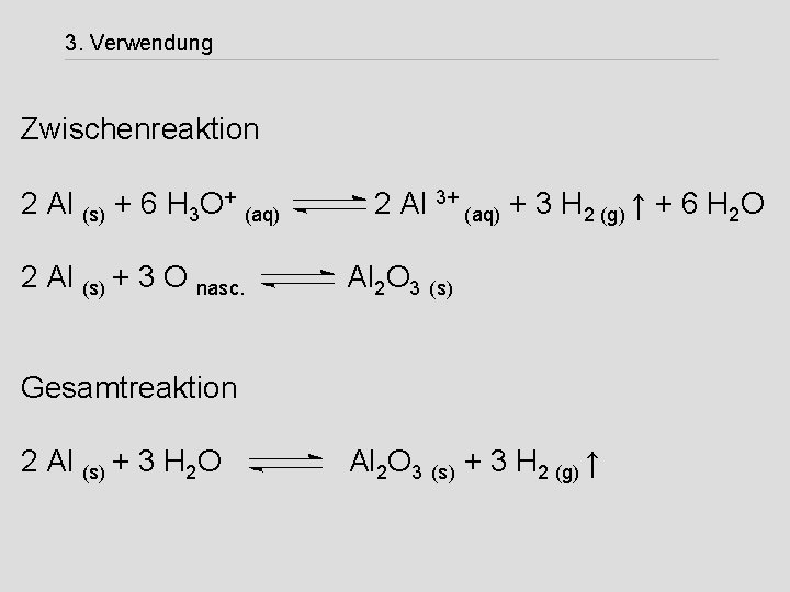 3. Verwendung Zwischenreaktion 2 Al (s) + 6 H 3 O+ (aq) 2 Al