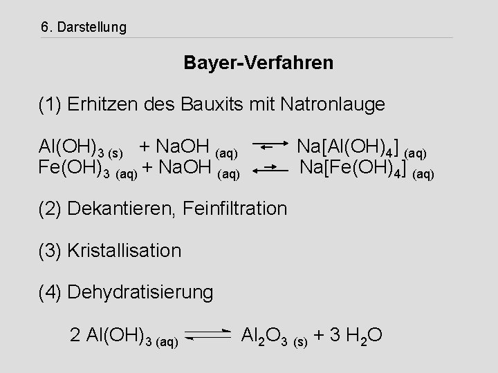 6. Darstellung Bayer-Verfahren (1) Erhitzen des Bauxits mit Natronlauge Al(OH)3 (s) + Na. OH