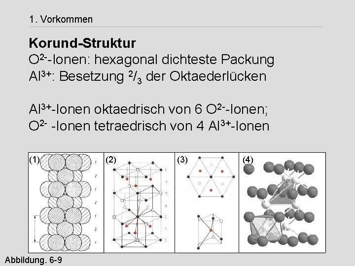 1. Vorkommen Korund-Struktur O 2 --Ionen: hexagonal dichteste Packung Al 3+: Besetzung 2/3 der