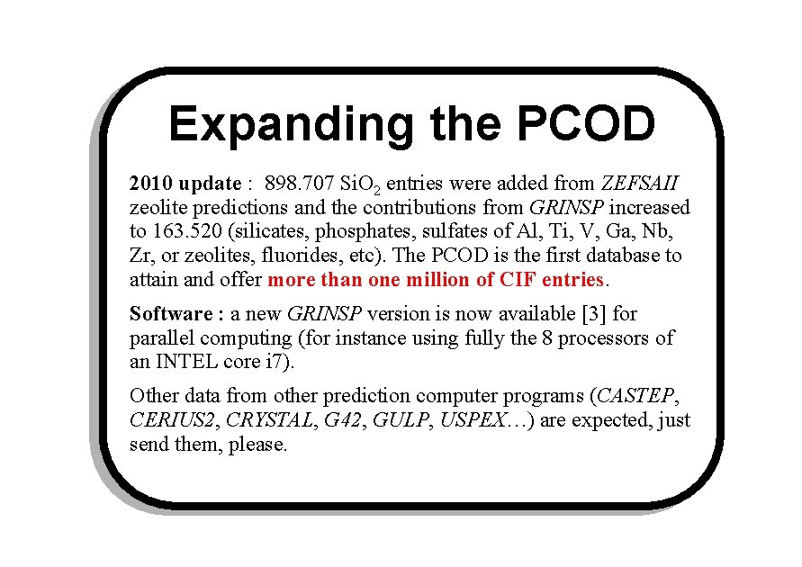 Expanding the PCOD 2010 update : 898. 707 Si. O 2 entries were added