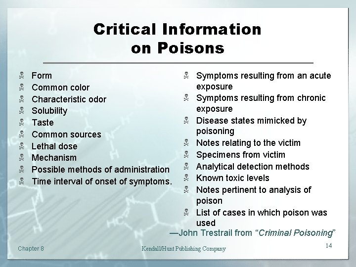 Critical Information on Poisons N N N N N Form Common color Characteristic odor