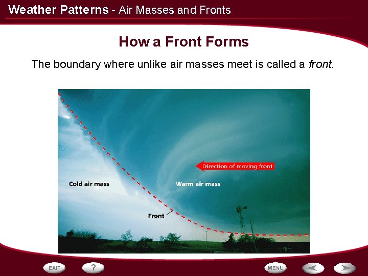 Weather Patterns - Air Masses and Fronts How a Front Forms The boundary where Weather Patterns - Air Masses and Fronts How a Front Forms The boundary where