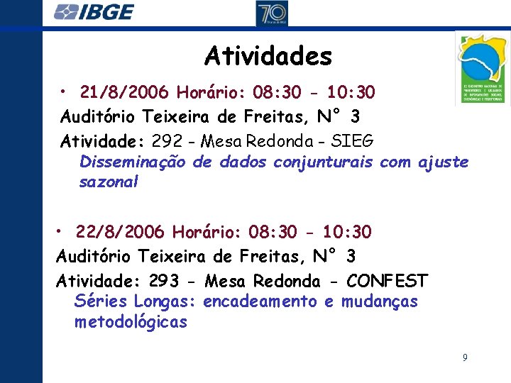 Atividades • 21/8/2006 Horário: 08: 30 - 10: 30 Auditório Teixeira de Freitas, N°