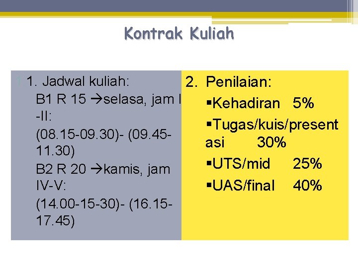 Kontrak Kuliah 1. 1. Jadwal kuliah: 2. B 1 R 15 selasa, jam I